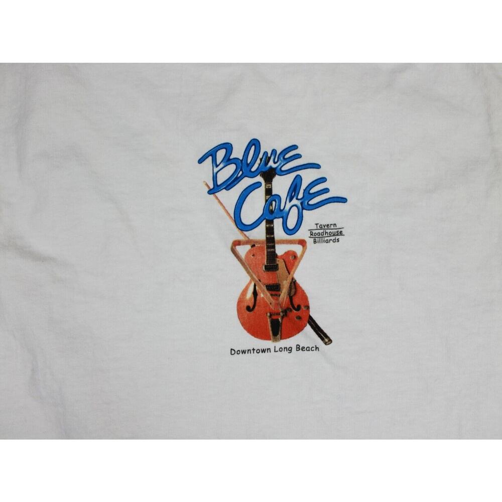 Hanes Blue Café Guitar Graphic T-Shirt Mens Large White Cotton Vintage - Picture 2 of 8